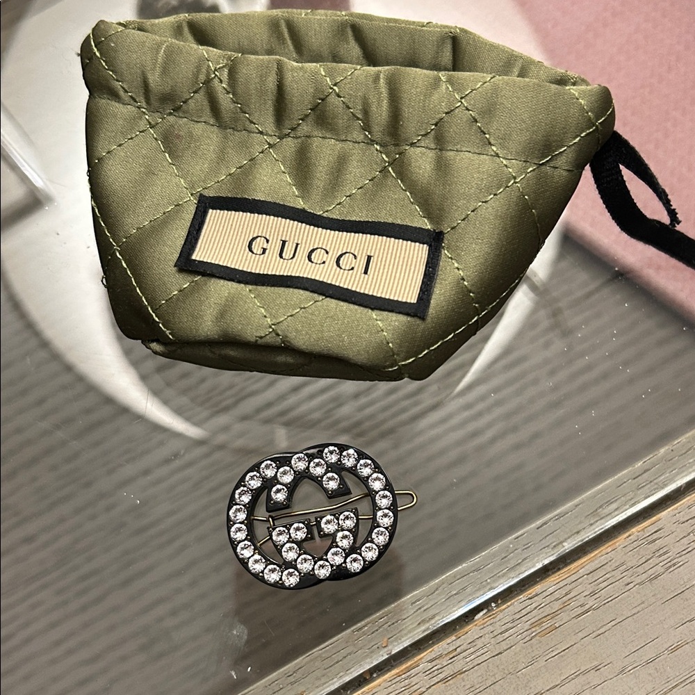 Gucci Crystal Embellished Brooch with Green Pouch